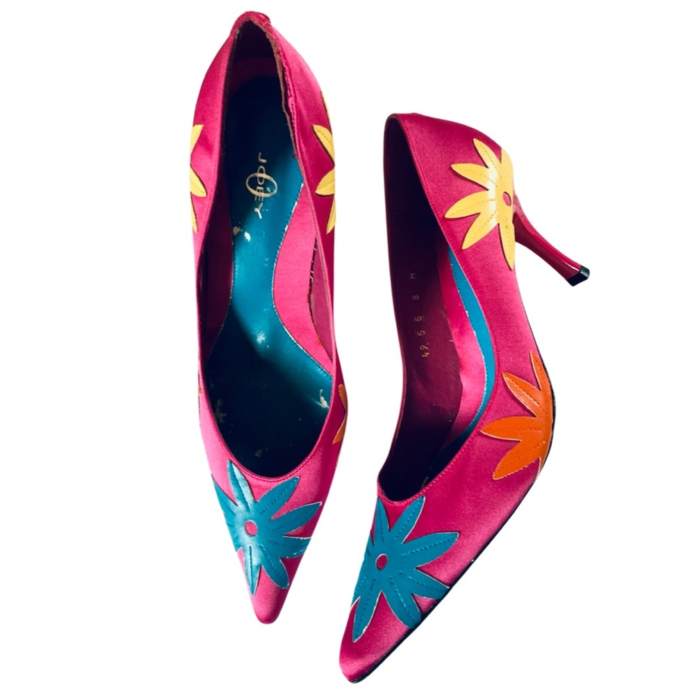 Rare Joey O Petunia Fuchsia Pink Leather & Fabric Floral Heels
